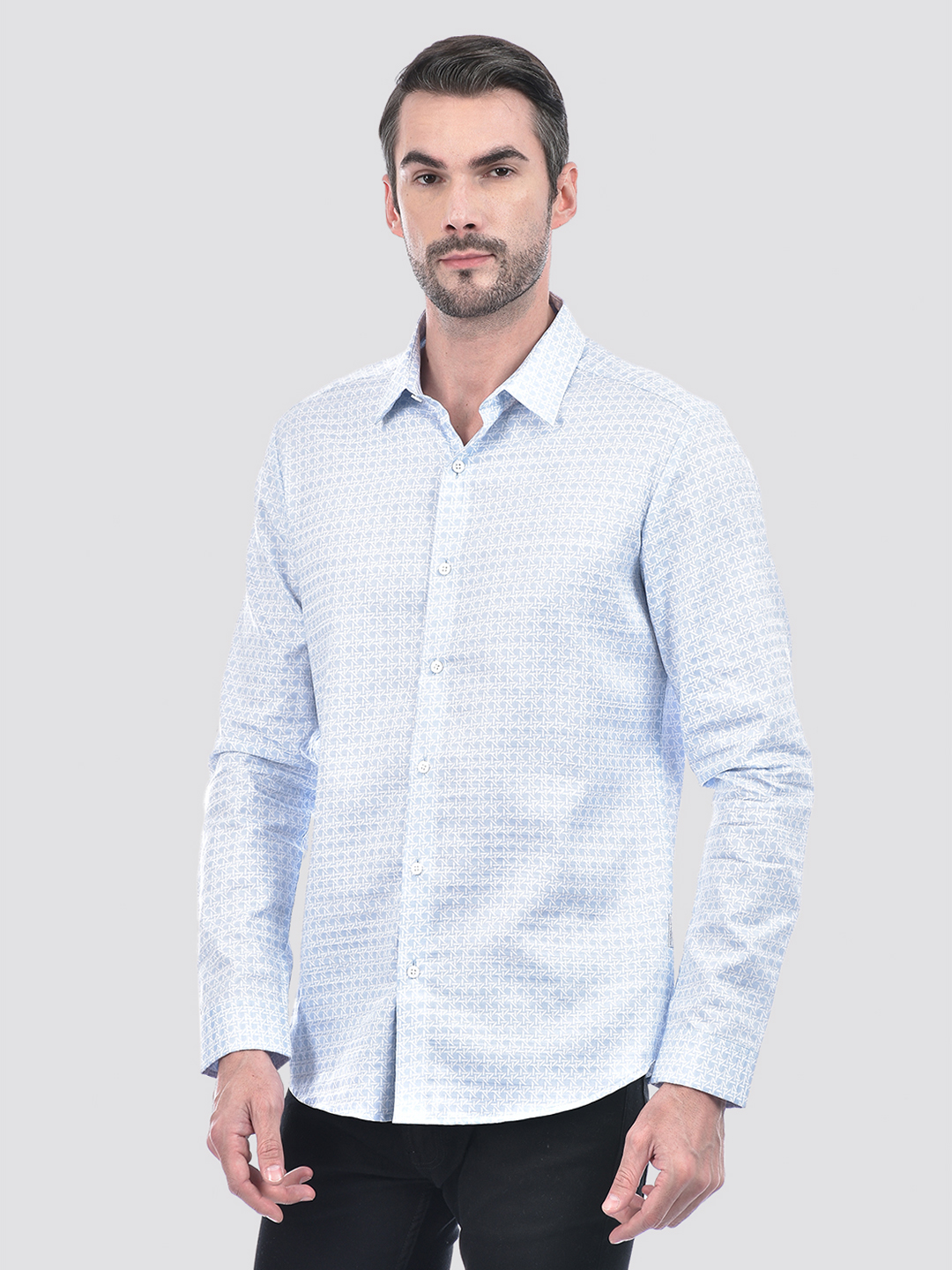 Numero Uno Men Geometric Print Sky Blue Shirt